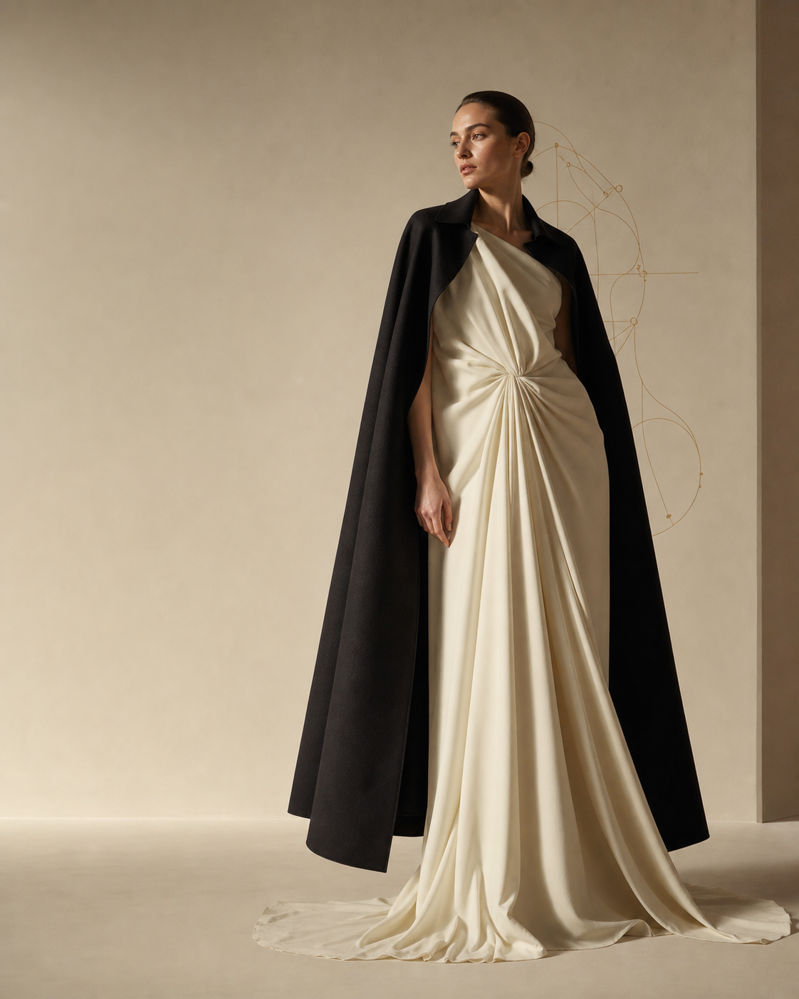 Model in a draped ivory gown and black cape