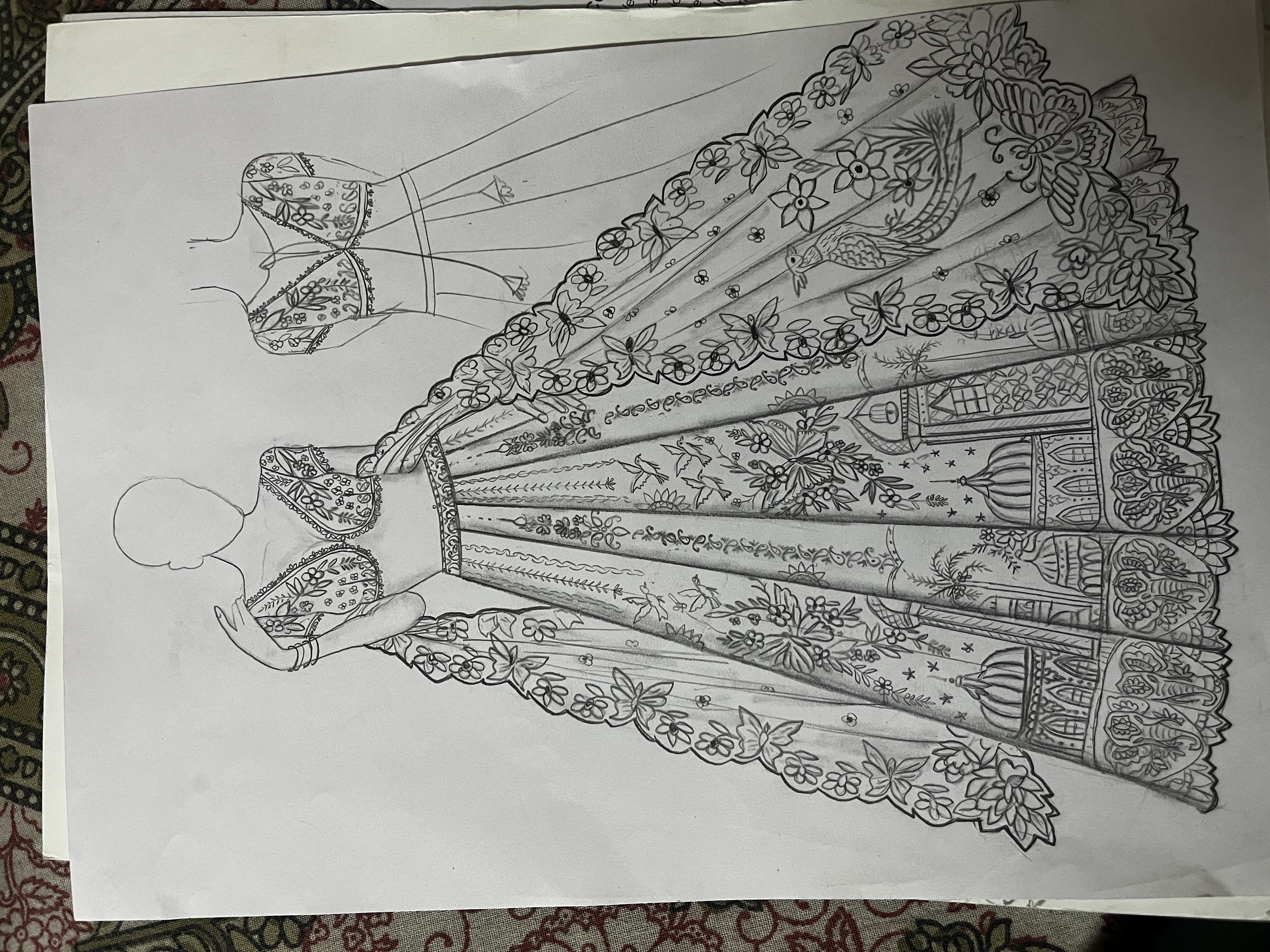Hand-drawn embroidered bridal lehenga fashion illustration