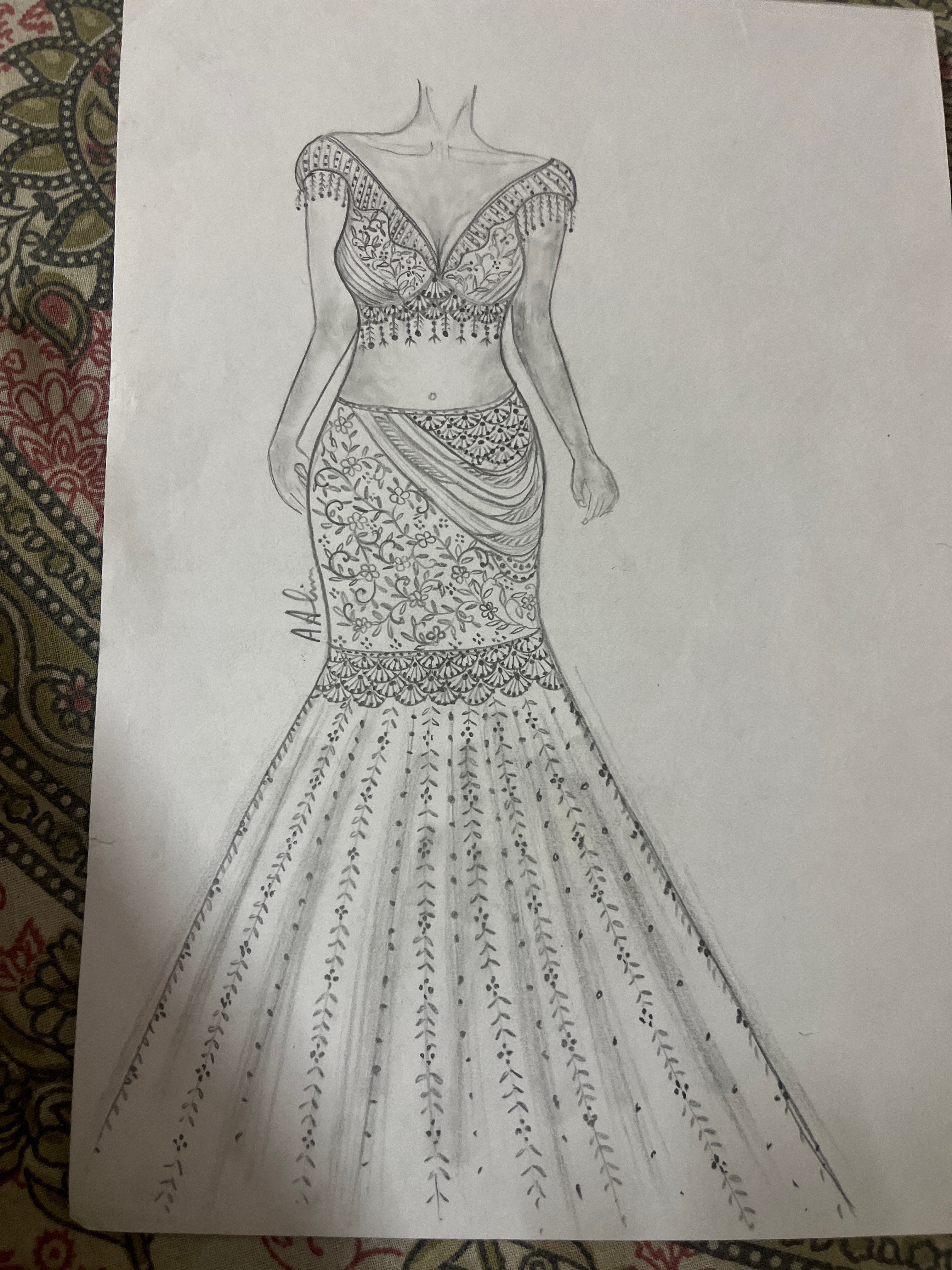Hand-drawn draped floral gown fashion sketch