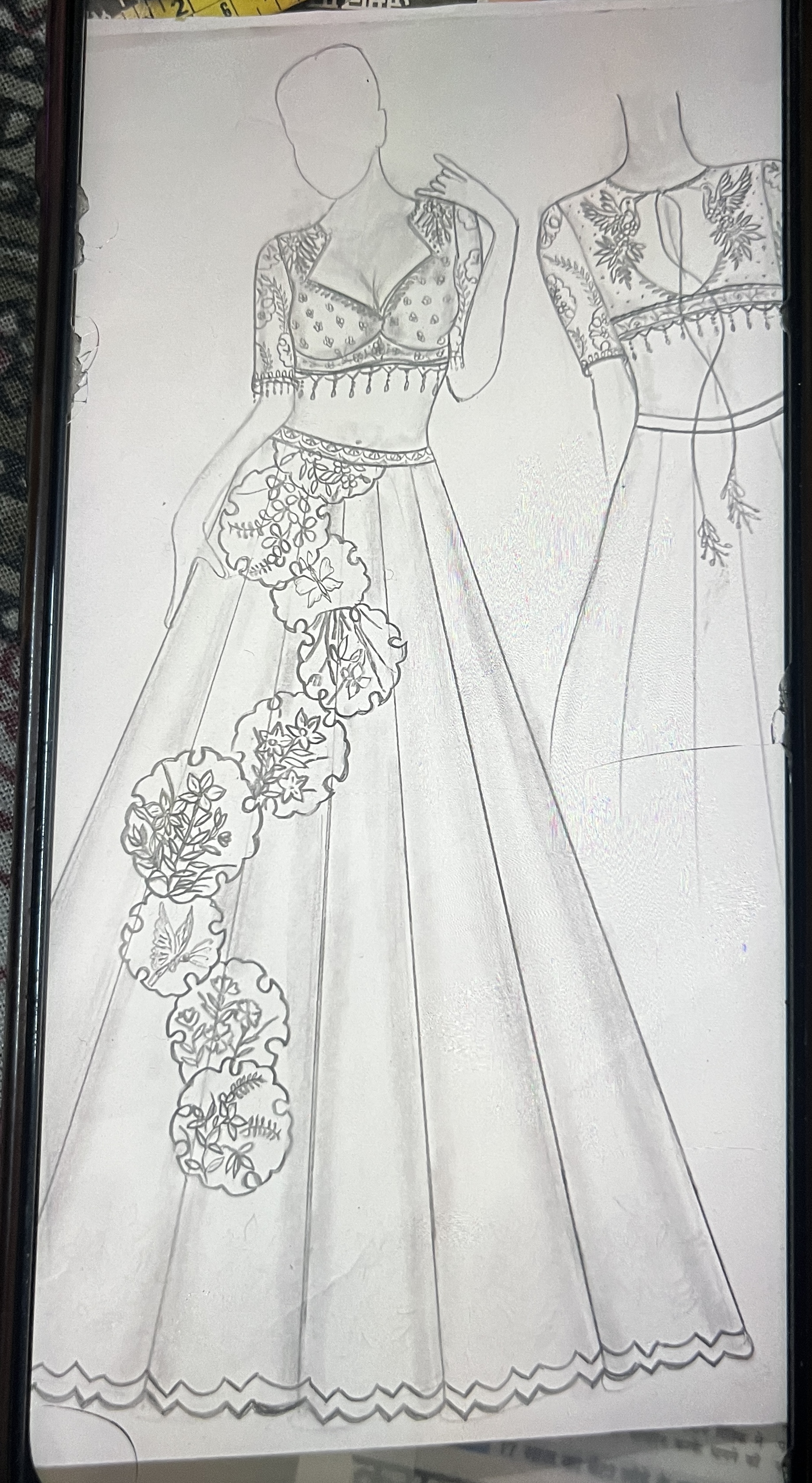 Hand-drawn floral applique set fashion sketch