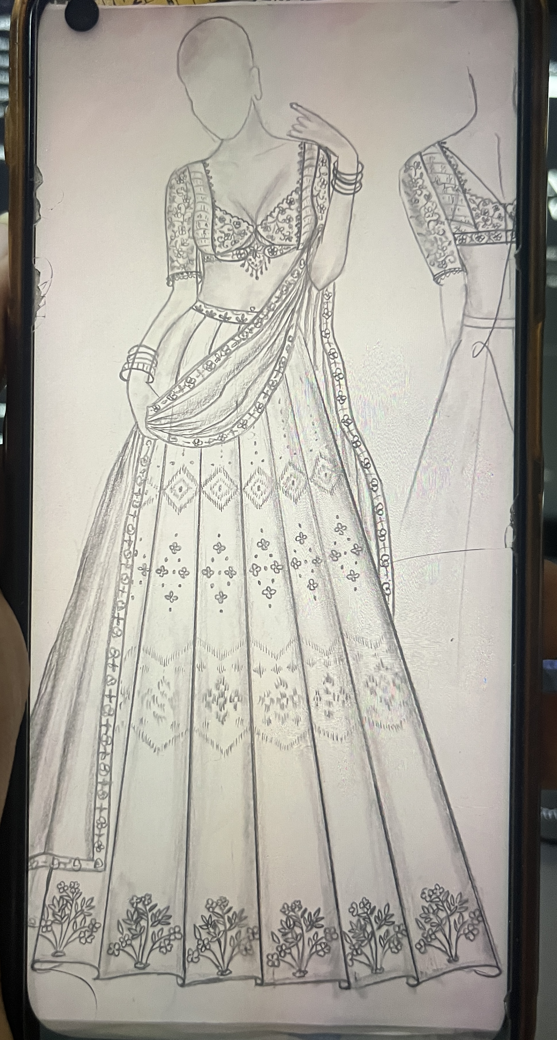 Hand-drawn garden border lehenga fashion sketch